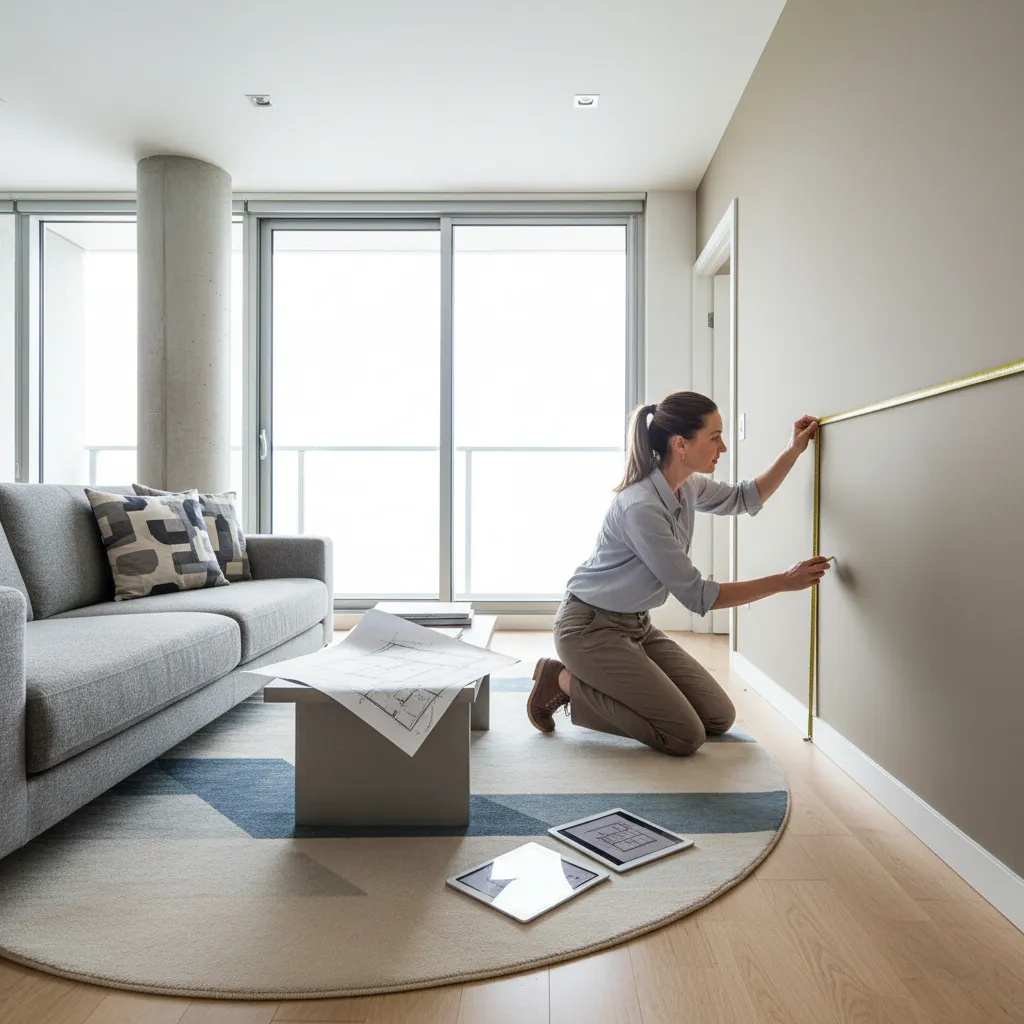 designer measuring living room wall with tape measure for accurate floor plan