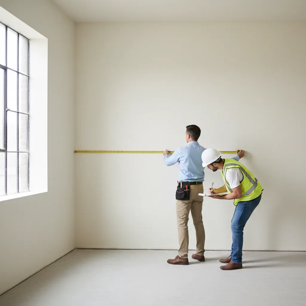 Two people measuring a room wall with a tape measure for manual floor plan measurement
