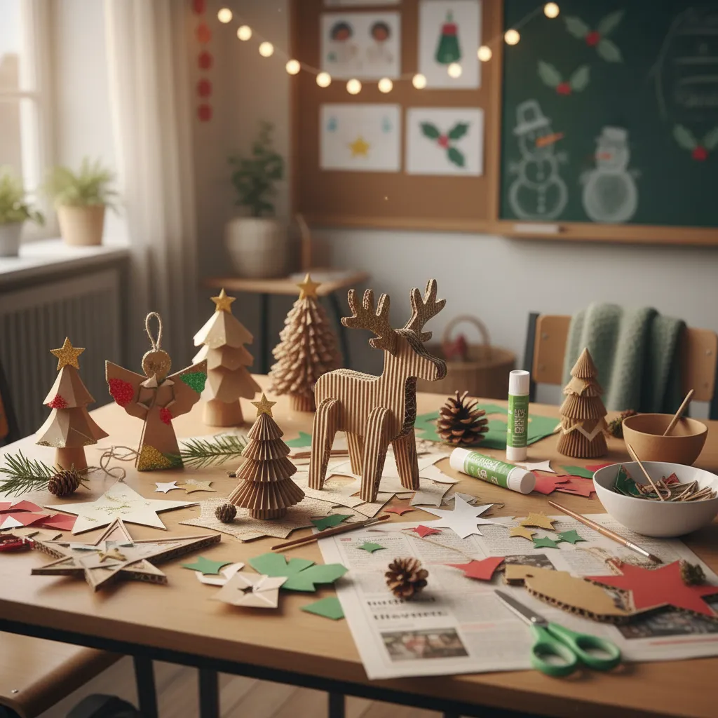 Decoraciones navideñas hechas con materiales reciclados en una mesa de aula