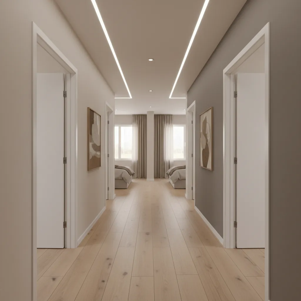 Manufactured home interior hallway showing split bedroom layout for privacy