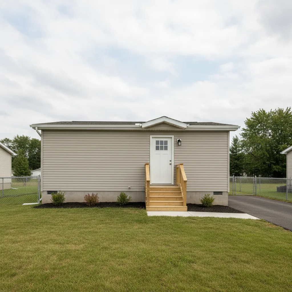 small modern manufactured home exterior showing simple cost efficient design