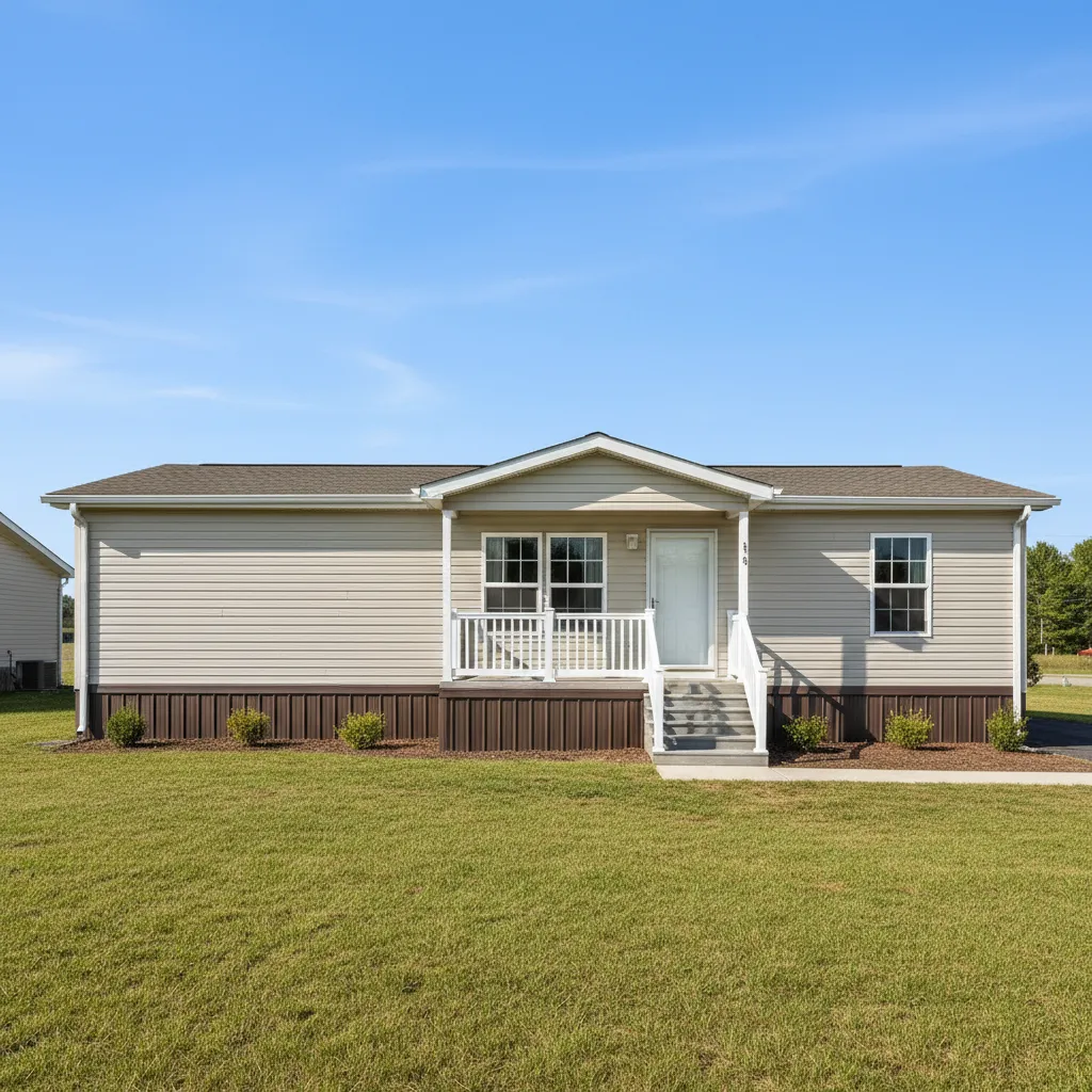 Modern 1000 sq ft manufactured home exterior with simple design and skirting