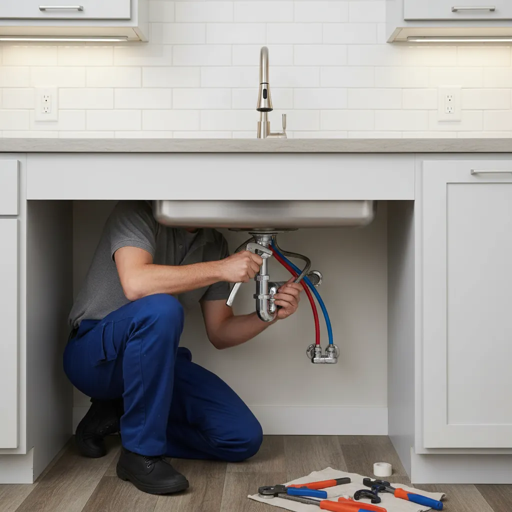 Technician installing a deck mounted faucet in a manufactured home kitchen sink