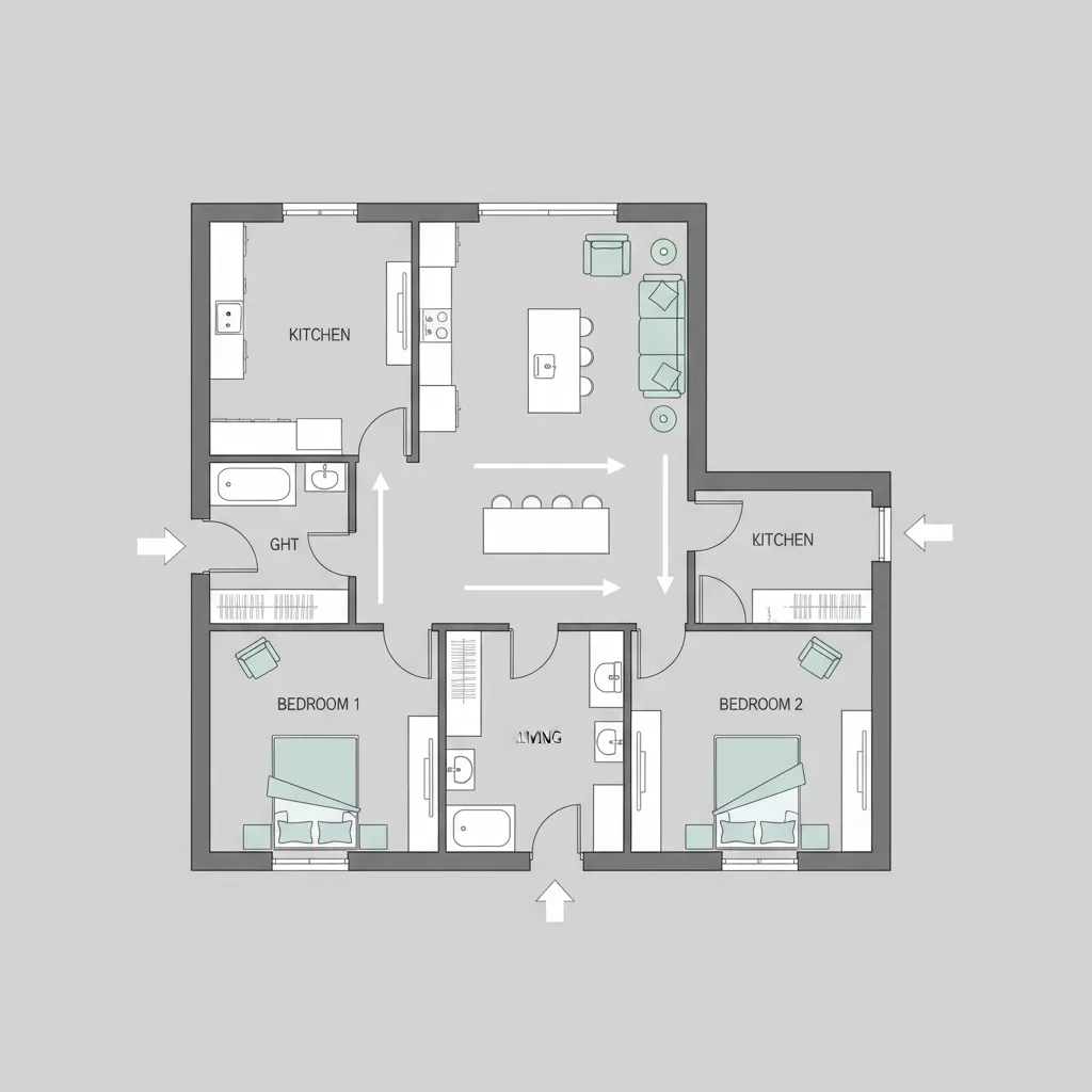 Top down manufactured home floor plan diagram showing living zones and bedroom separation
