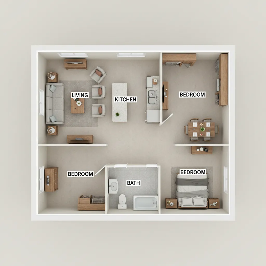 3D floor plan visualization of a compact manufactured home layout