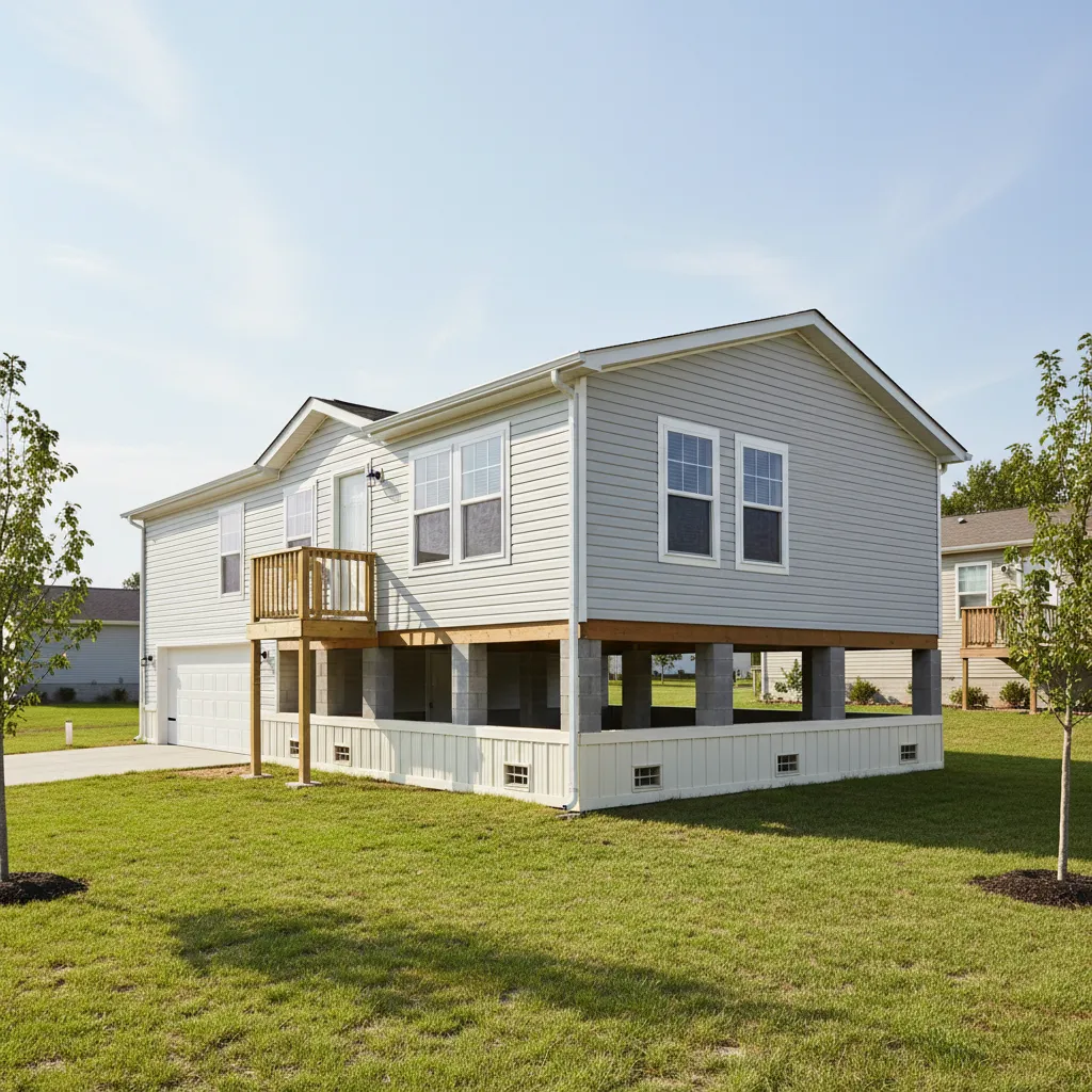manufactured home placed on pier foundation with installed skirting panels