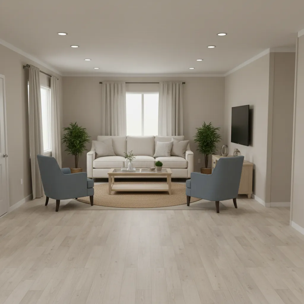Compact furniture layout plan for a manufactured home living room