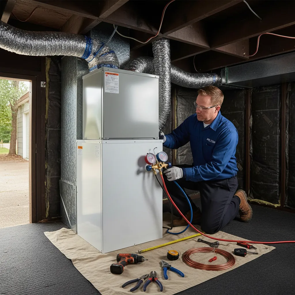 Technician installing compact HVAC system designed for manufactured housing