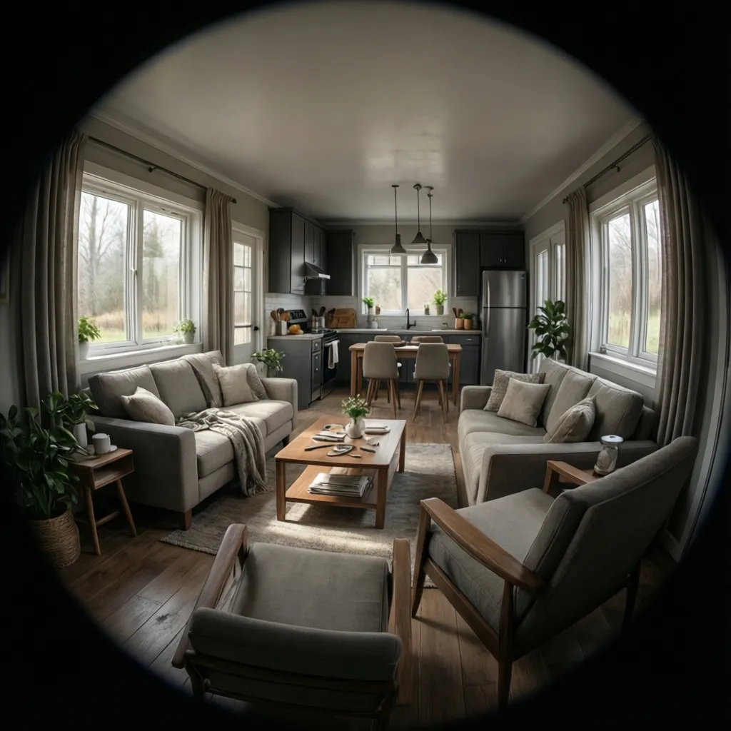 3D interior visualization of compact manufactured home living room and kitchen