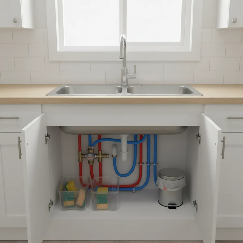 Manufactured home kitchen sink cabinet with compact faucet plumbing system