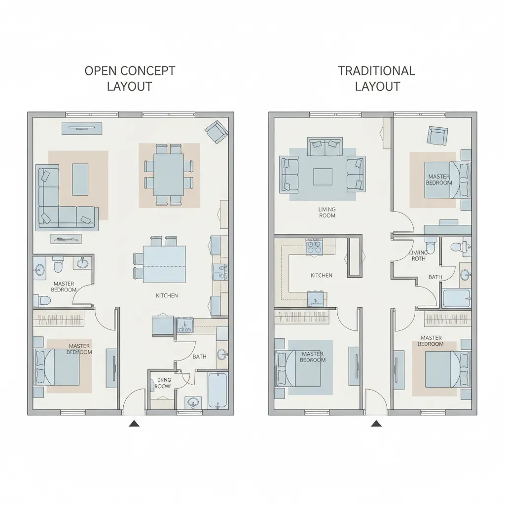 Manufactured home floor plan comparison showing space efficiency between open and traditional layouts