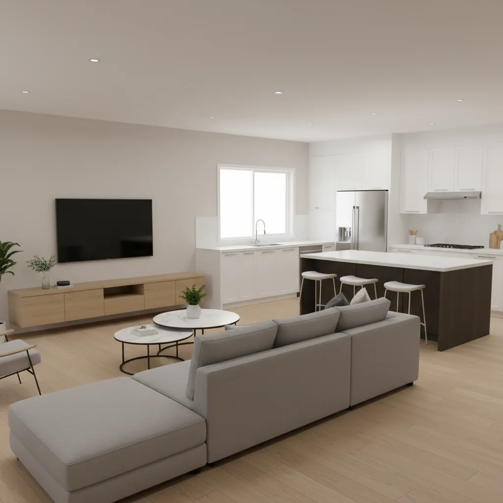 Manufactured home open living room layout showing traffic flow between kitchen and living area