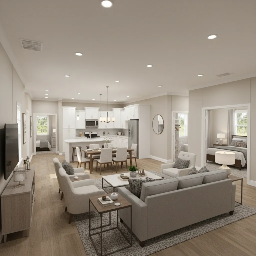 Multi section manufactured home layout with split bedroom design