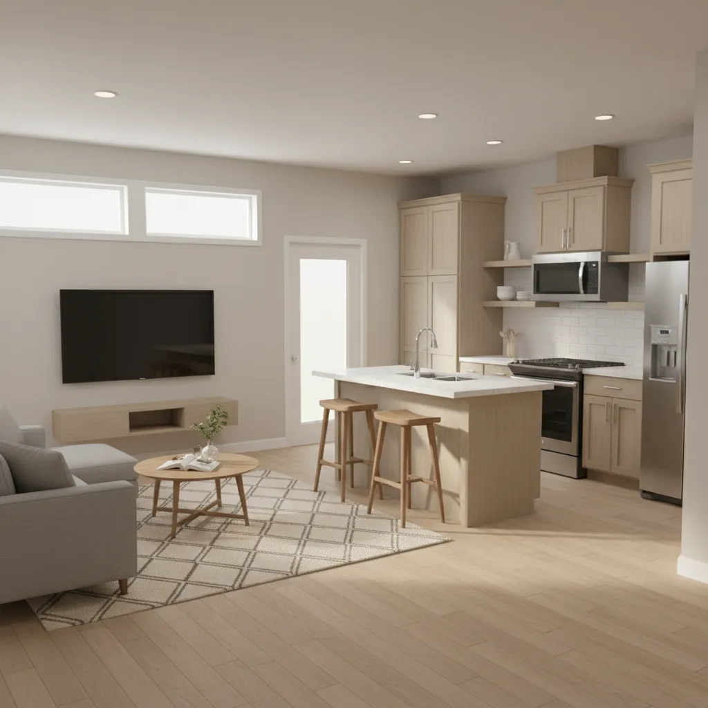 Open living room and kitchen layout in a manufactured home
