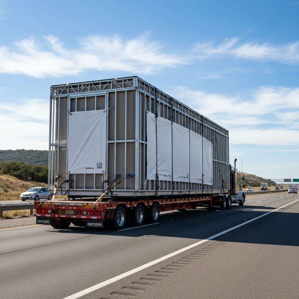 manufactured home being transported on highway for installation