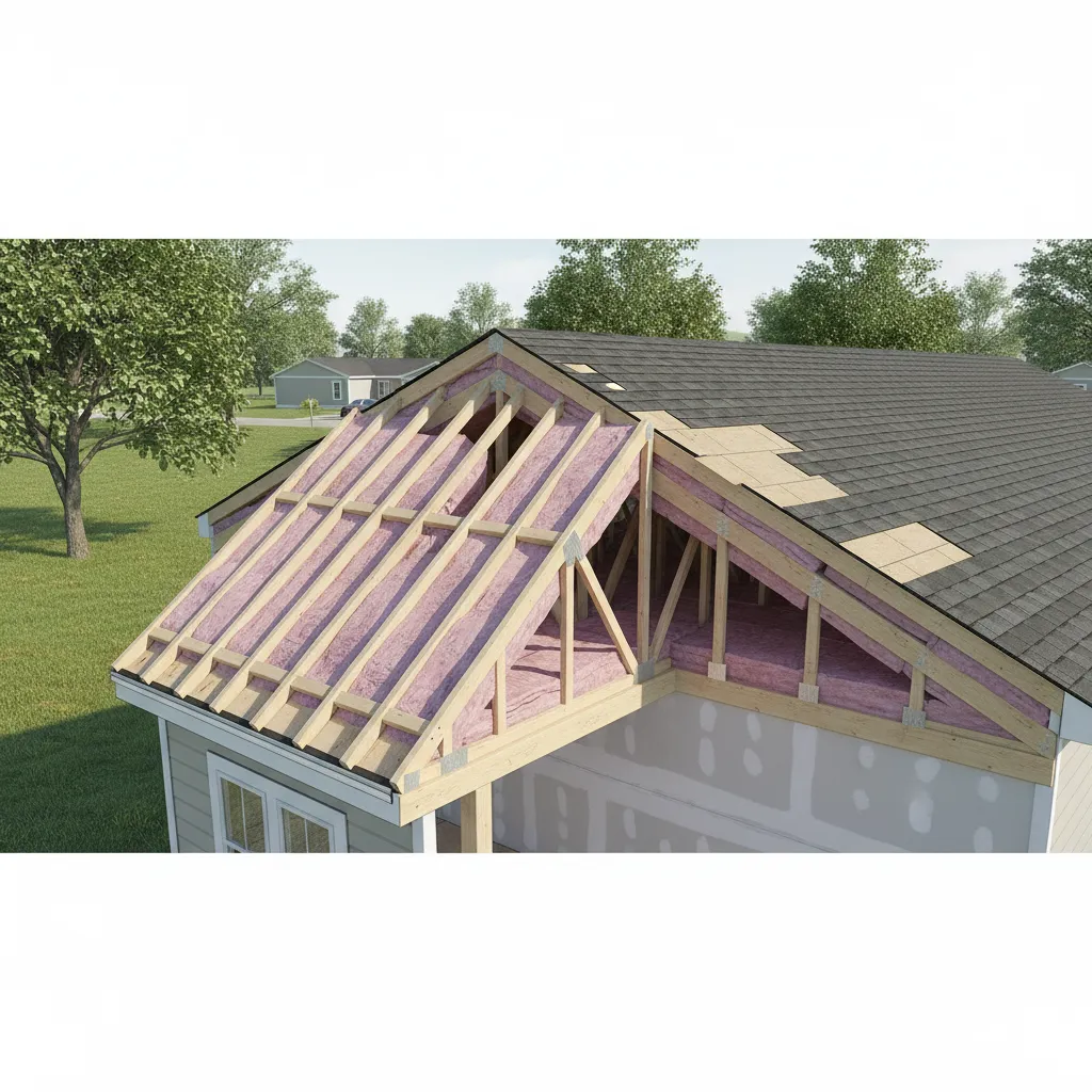 Manufactured home with exposed roof structure showing lightweight framing