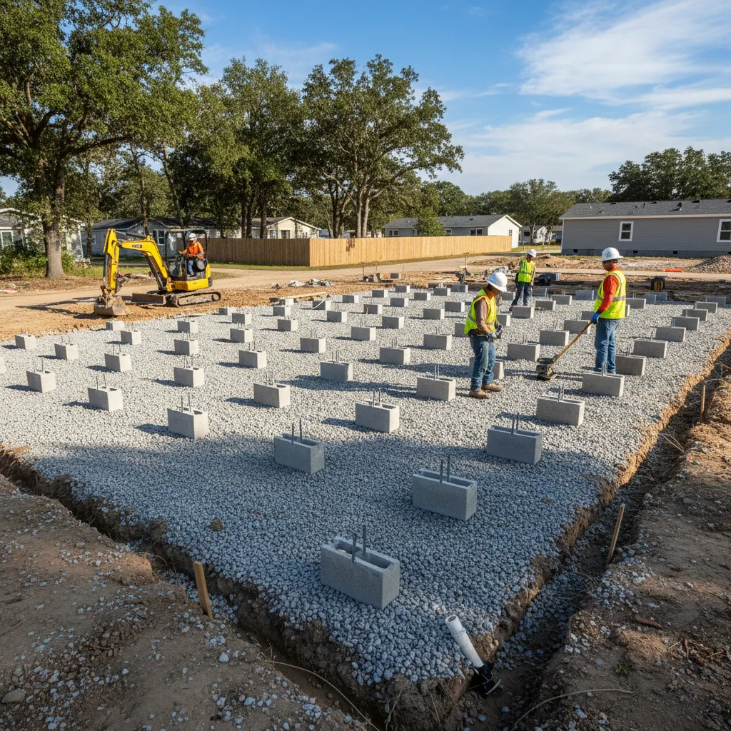 Manufactured home installation with foundation preparation and utility connections