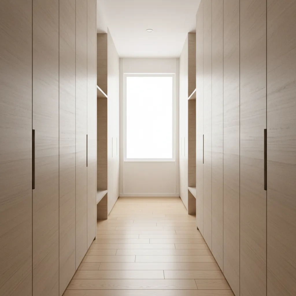 Manufactured home hallway with vertical built-in storage cabinets