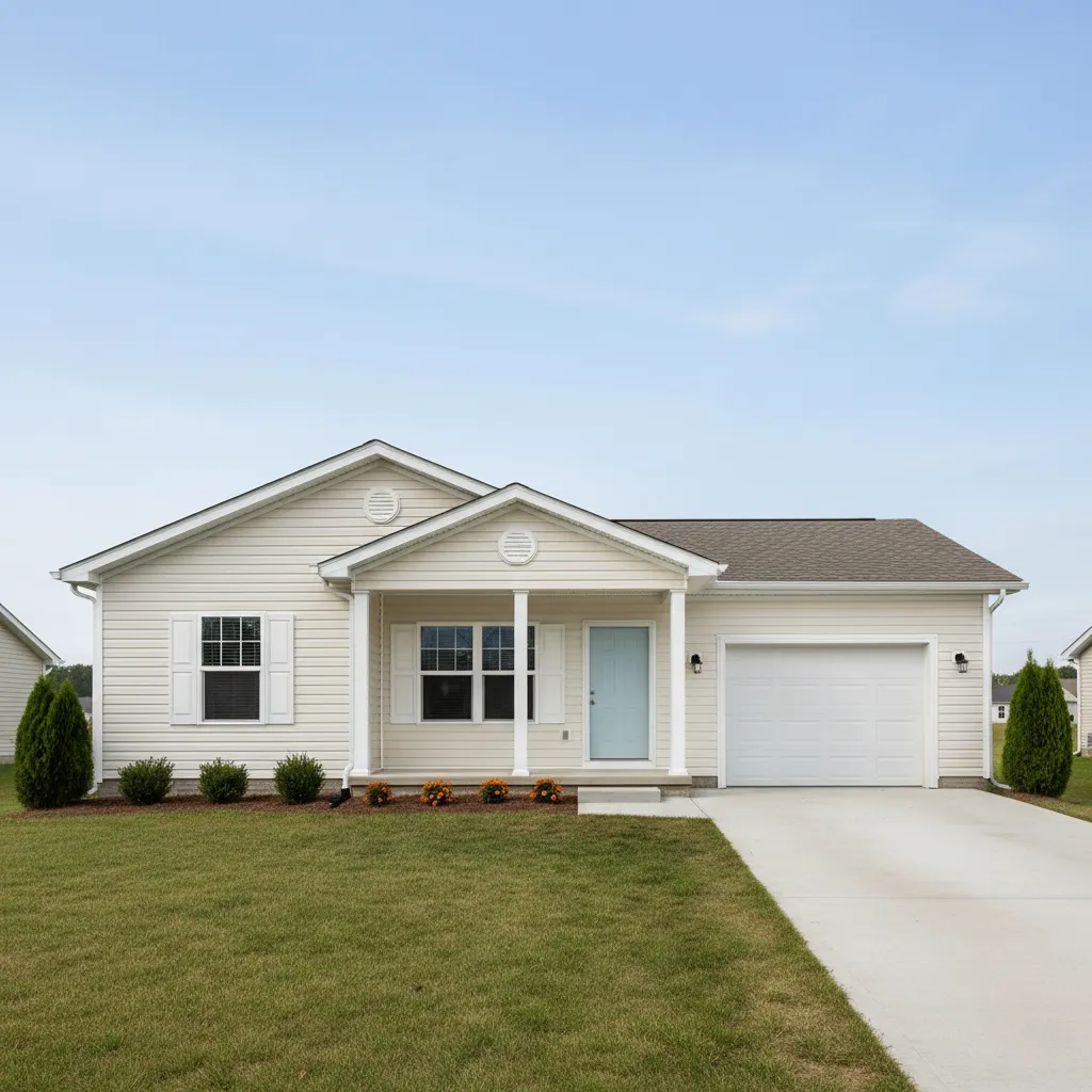 two bedroom manufactured home in a suburban lot with driveway and landscaping