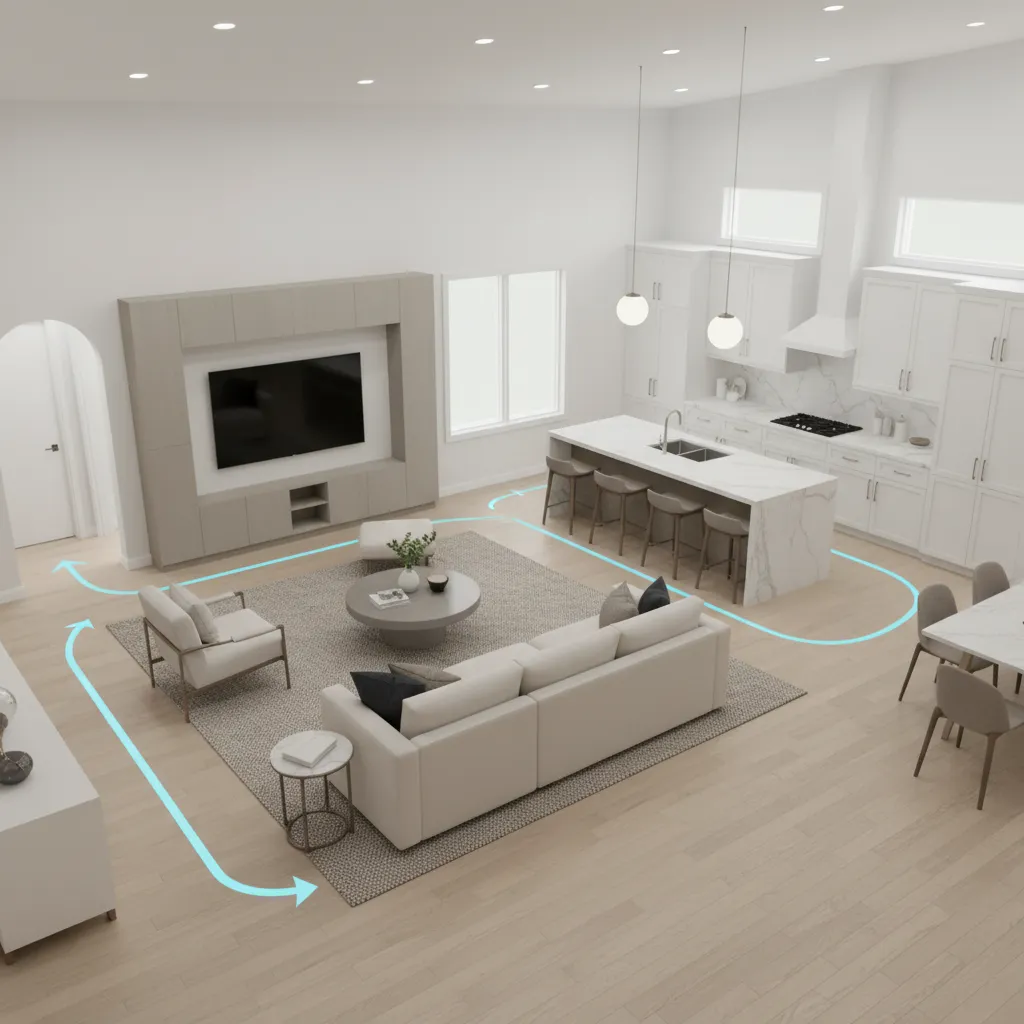 Manufactured home living area illustrating walking paths and traffic flow
