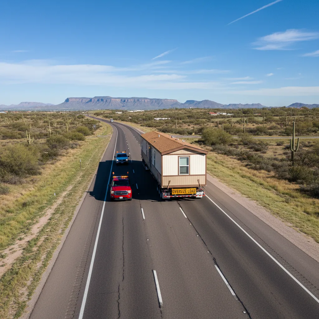 manufactured home section being transported by truck on a highway in the United States