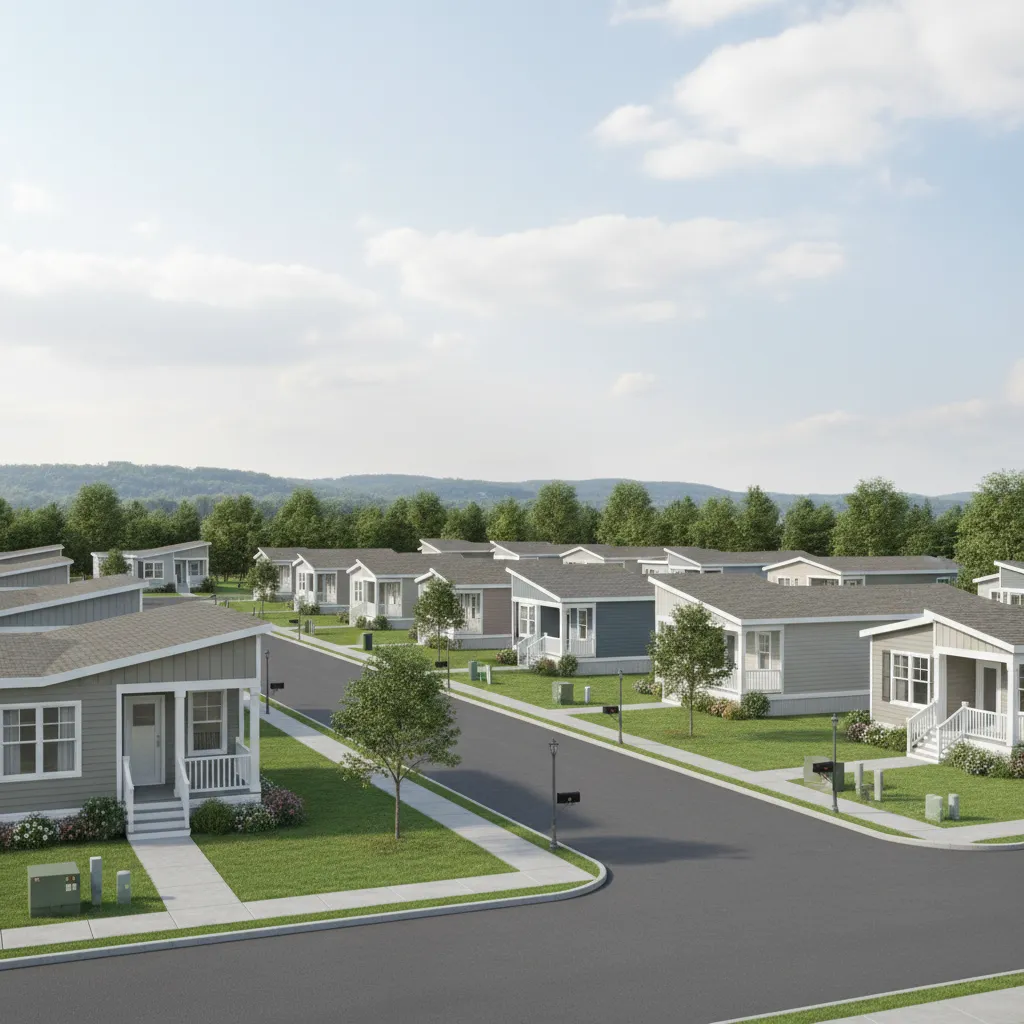 manufactured housing community with multiple modern mobile homes