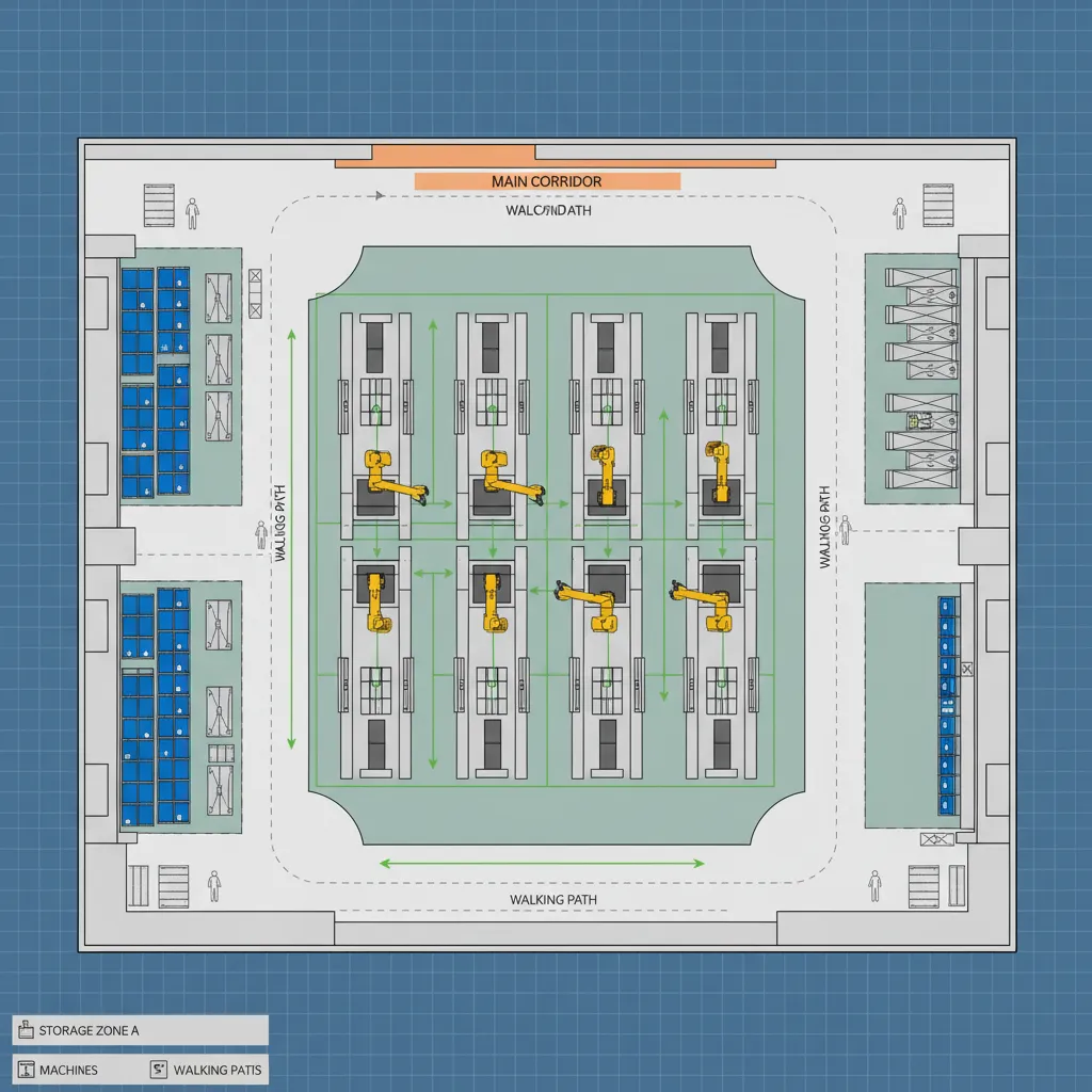 Factory layout diagram showing machine zones storage areas and walking paths in a clean planning interface