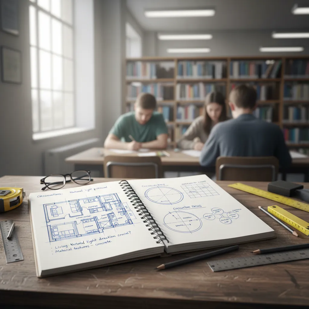 Spiral notebook showing floor plan drawing on wooden desk with students and bookshelves in background