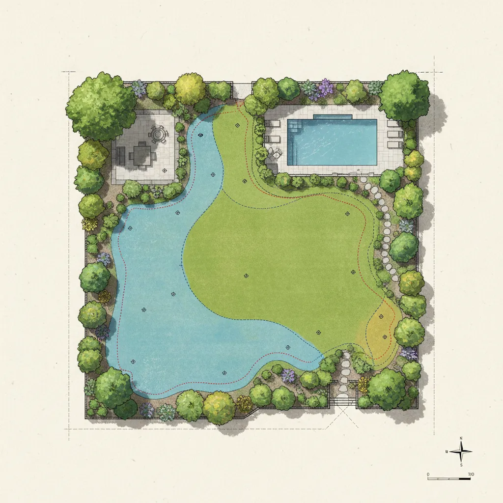 Plano del jardín dividido en sectores de riego con aspersores