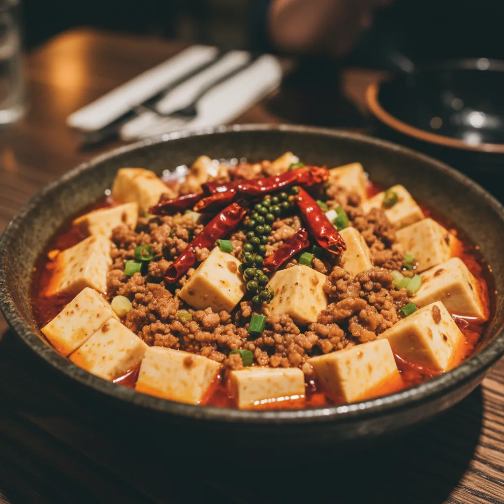 Close up of spicy Sichuan mapo tofu dish