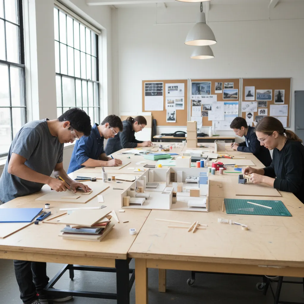 Estudiantes de diseño trabajando en una maqueta arquitectónica de un apartamento