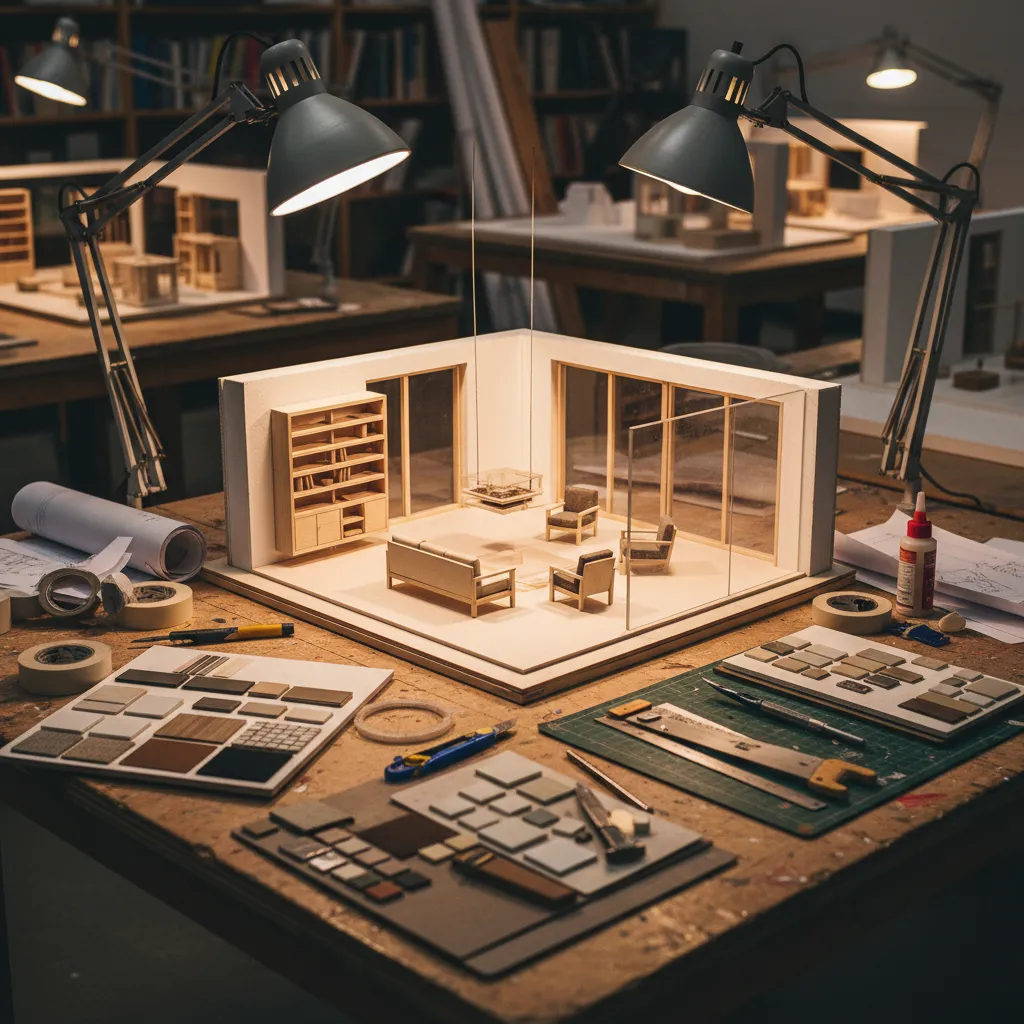 Maqueta arquitectónica de un proyecto de interiorismo sobre mesa de trabajo