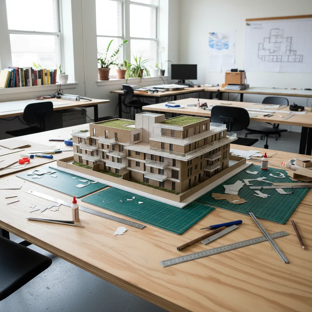 Maqueta arquitectónica detallada en mesa de estudio