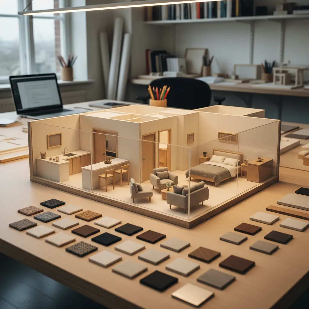 Maqueta arquitectónica de un interior sobre una mesa de trabajo