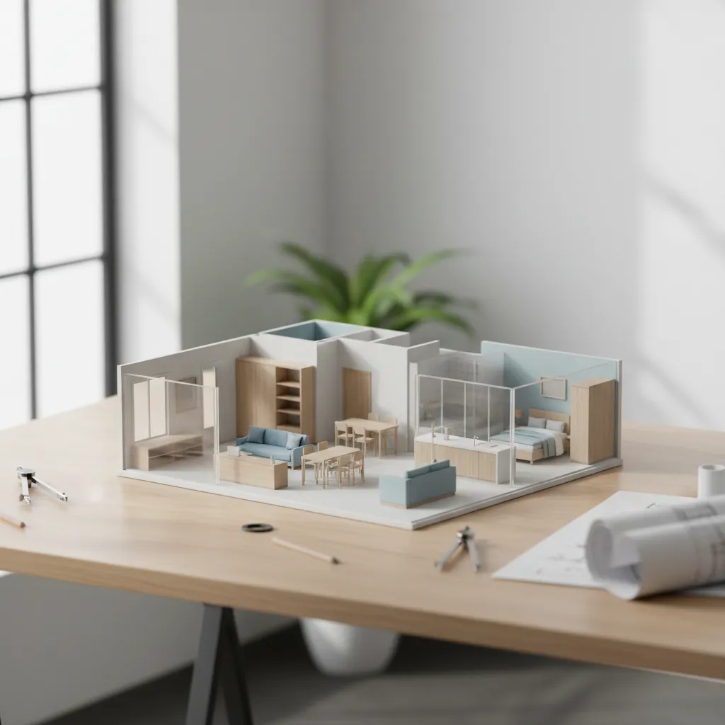 Maqueta arquitectónica de un apartamento usada para estudiar distribución interior
