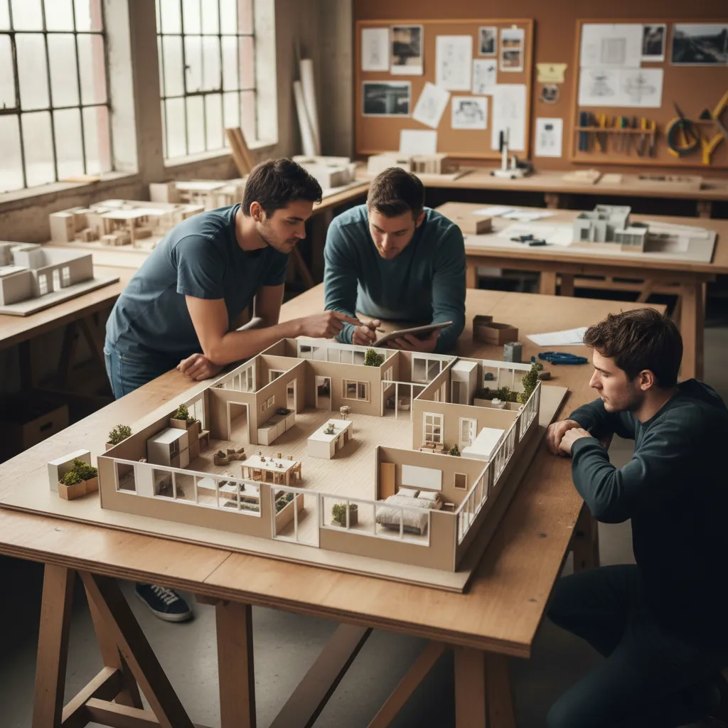 Maqueta de un proyecto de interiorismo sobre una mesa de trabajo