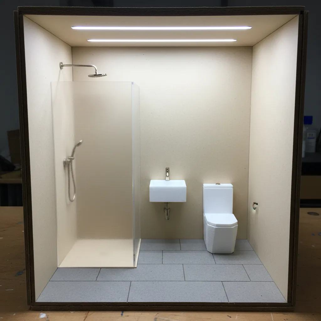 Modern bathroom model with glass shower wall white sink toilet and grey floor tile design