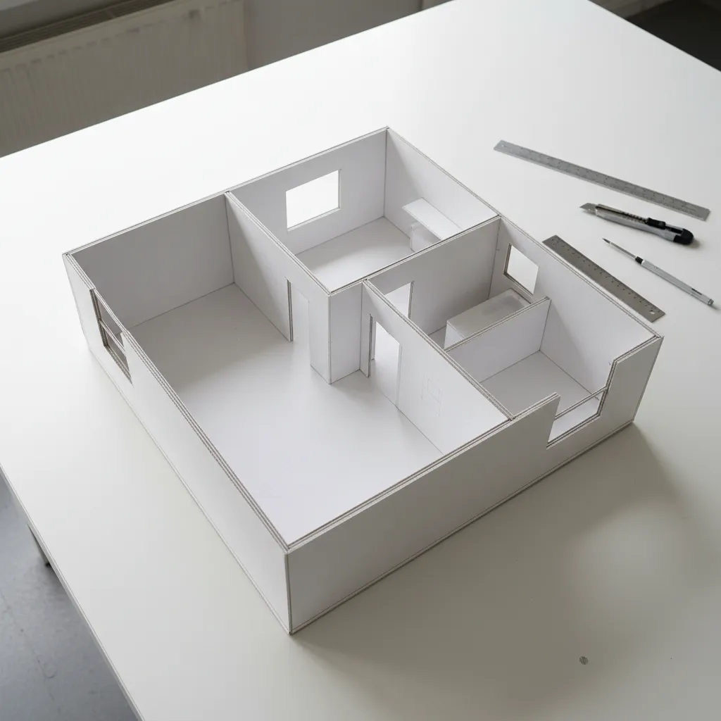 Maqueta simple de apartamento hecha con cartón blanco