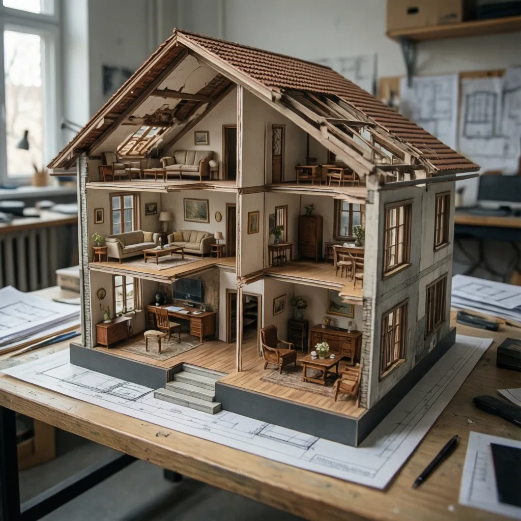 Maqueta de casa mostrando distribución interior y paredes seccionadas