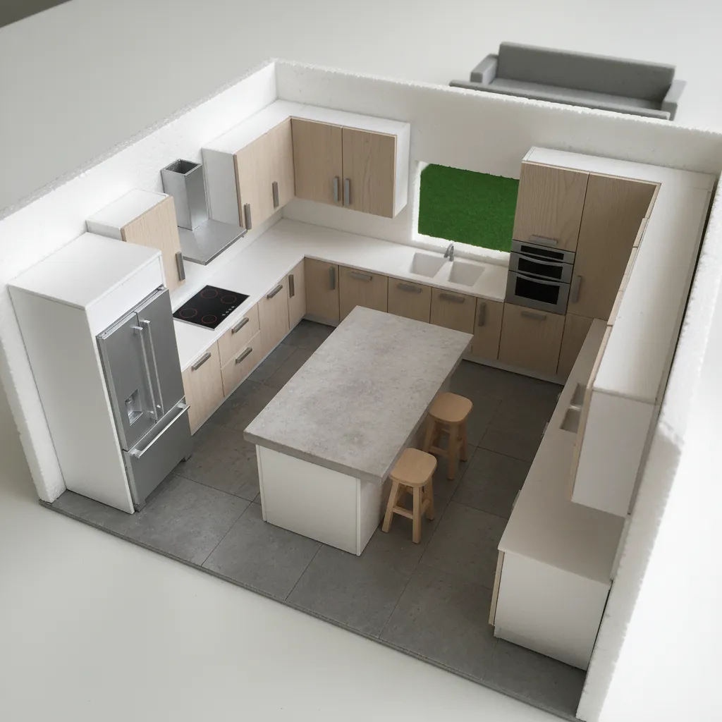 Interior design drawing showing a modern kitchen with island wooden cabinets fridge sink and stools