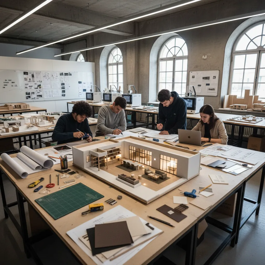 Maqueta arquitectónica de un proyecto de interiorismo en mesa de trabajo