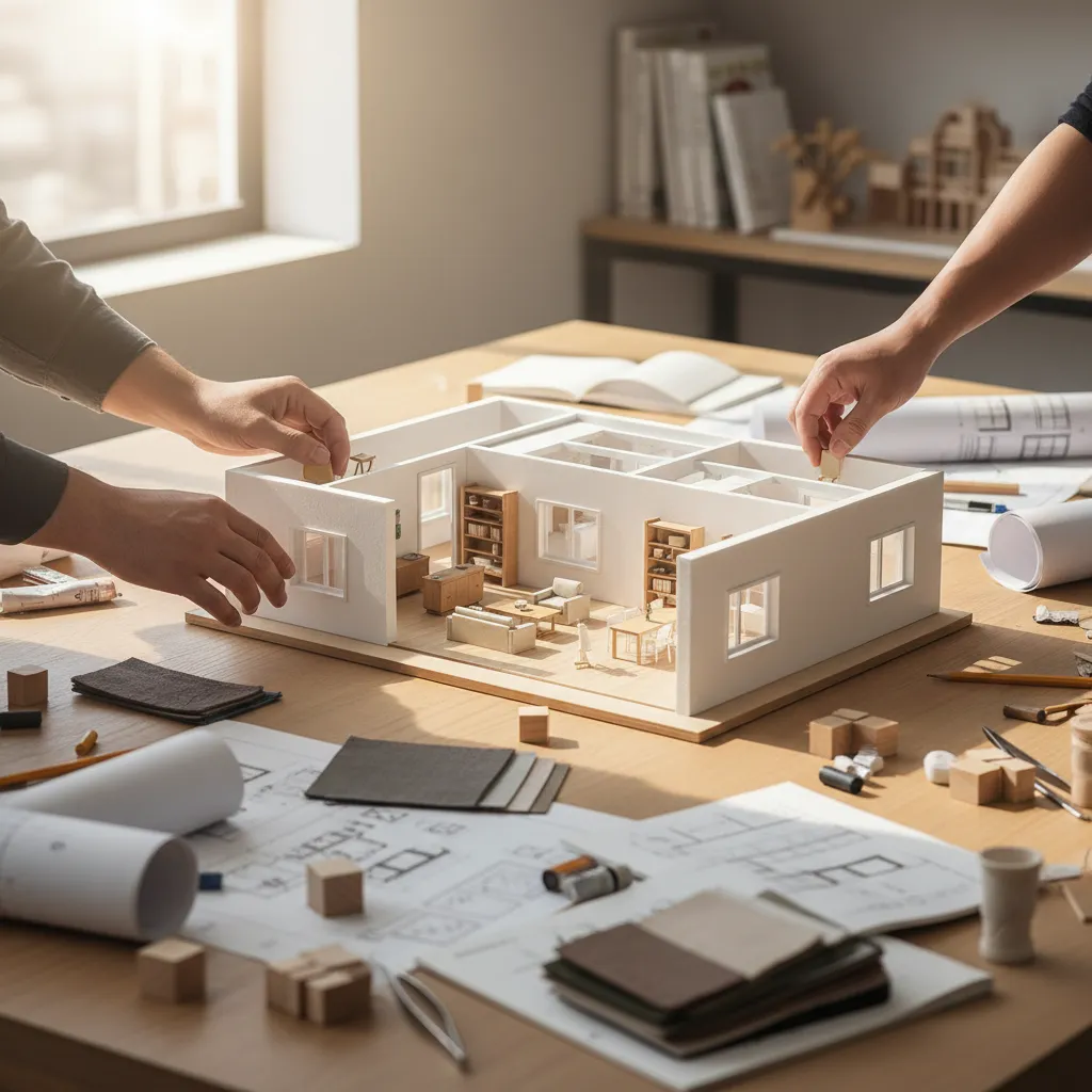 Maqueta física de un proyecto de interiorismo sobre mesa de trabajo