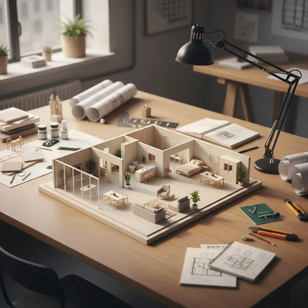 Maqueta física de un proyecto de diseño interior sobre mesa de trabajo