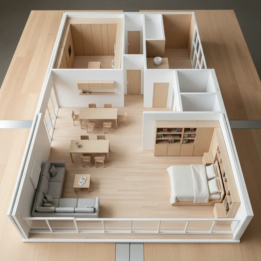 Interior design drawing showing modern apartment layout with bedroom dining area living room and grey sofa