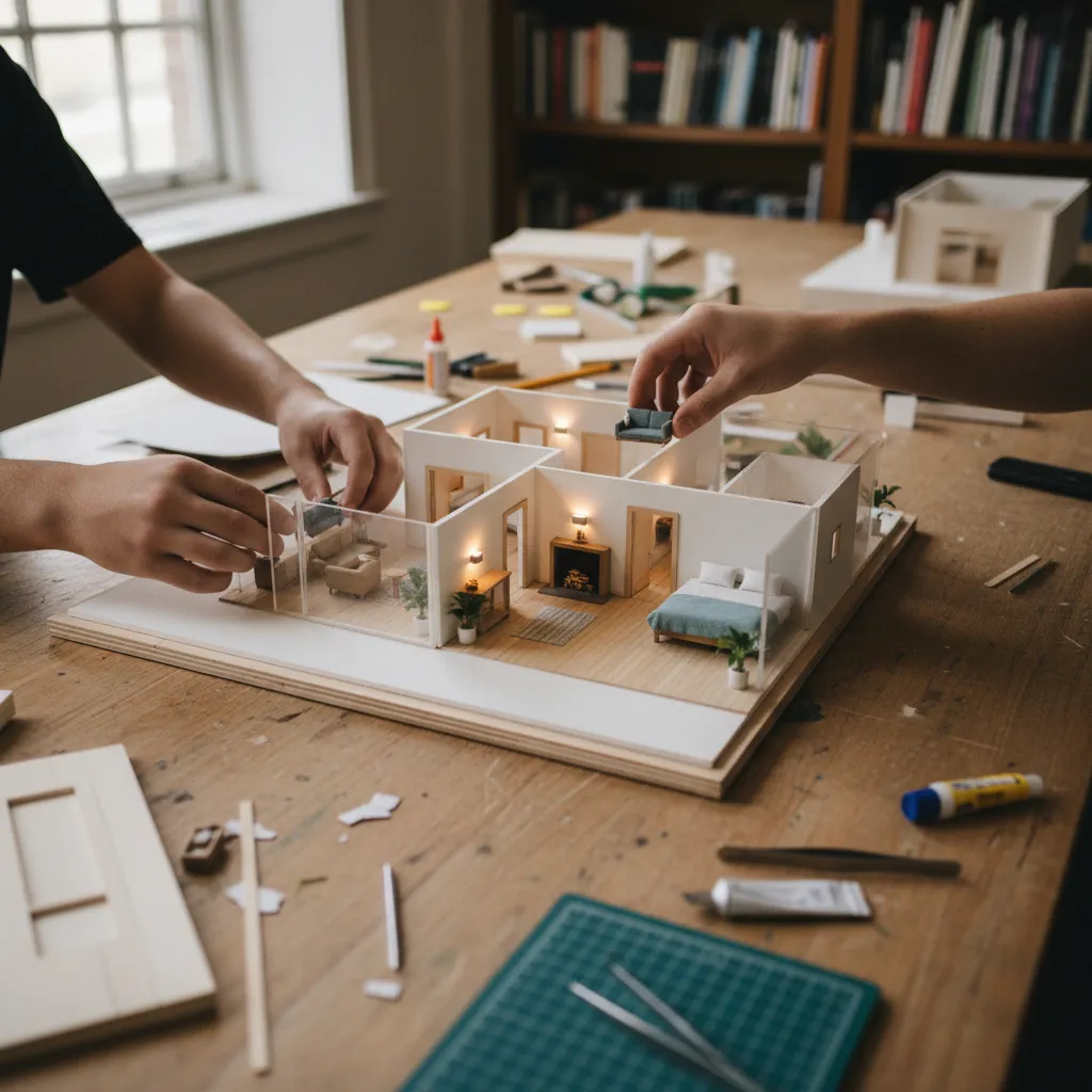 Two people using hands to build a miniature house model on a wooden work table
