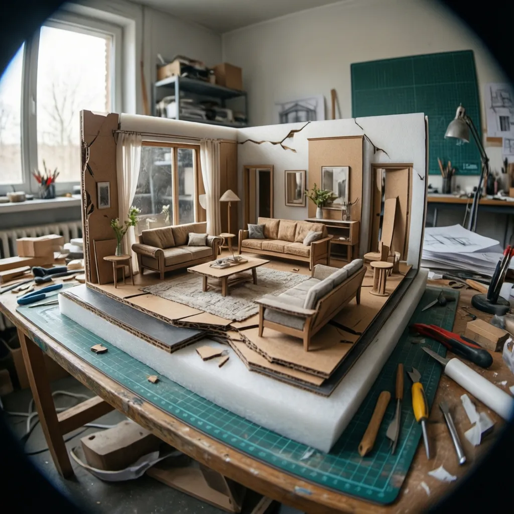 Cardboard living room model on work table with small sofas coffee table rug and curtains