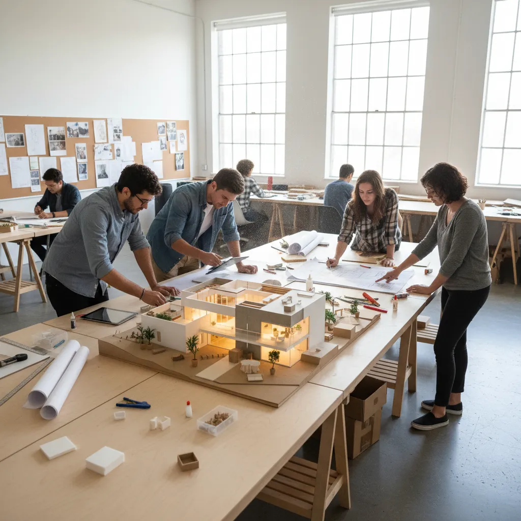 Maqueta arquitectónica de un proyecto de interiorismo sobre una mesa de estudio