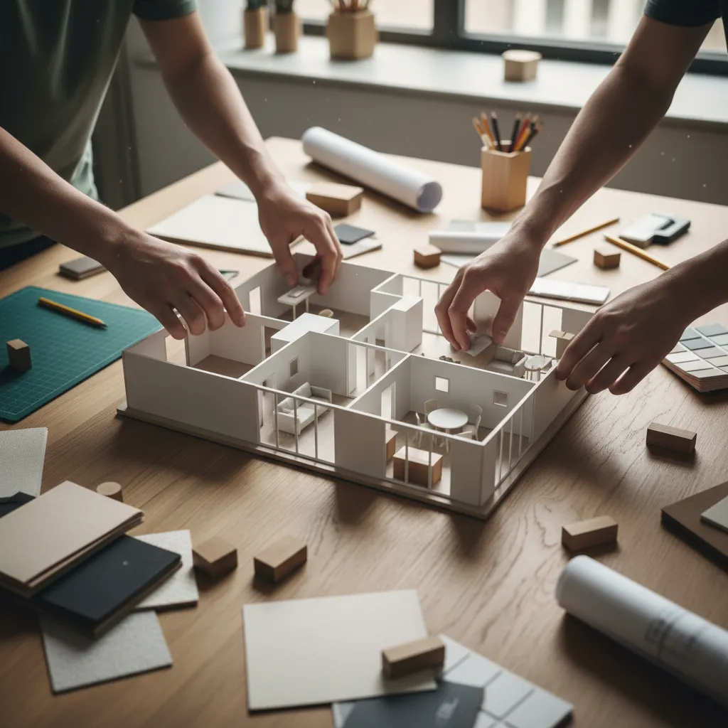Hands building a white small house model on a wooden table with tools and papers
