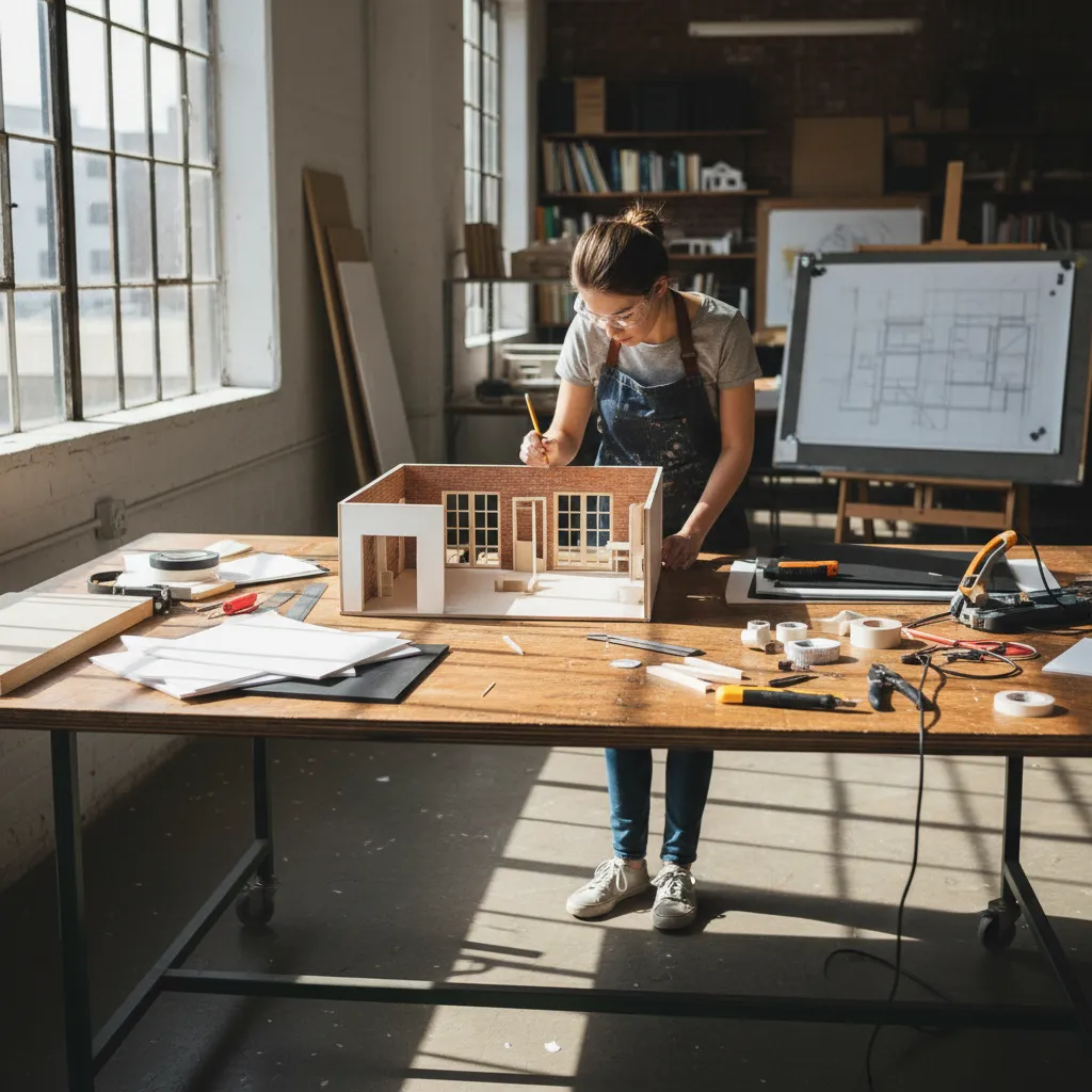 Estudiante construyendo una maqueta arquitectónica de un espacio interior