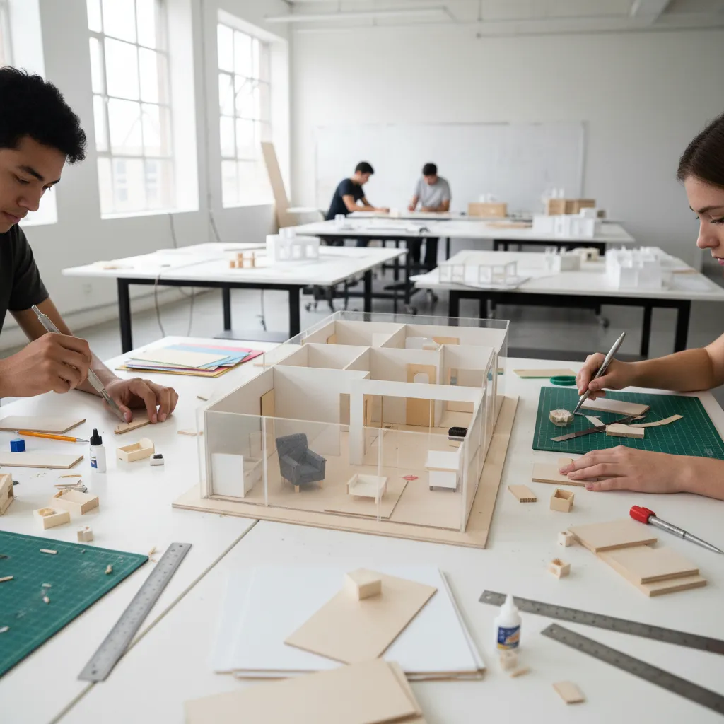 Students in a studio building miniature house models using wood pieces on white work tables
